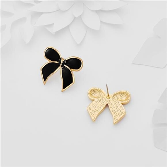 Elegant Black Bow Earrings – 18K Gold Plated, Chic and Shiny - Picture 5 of 6